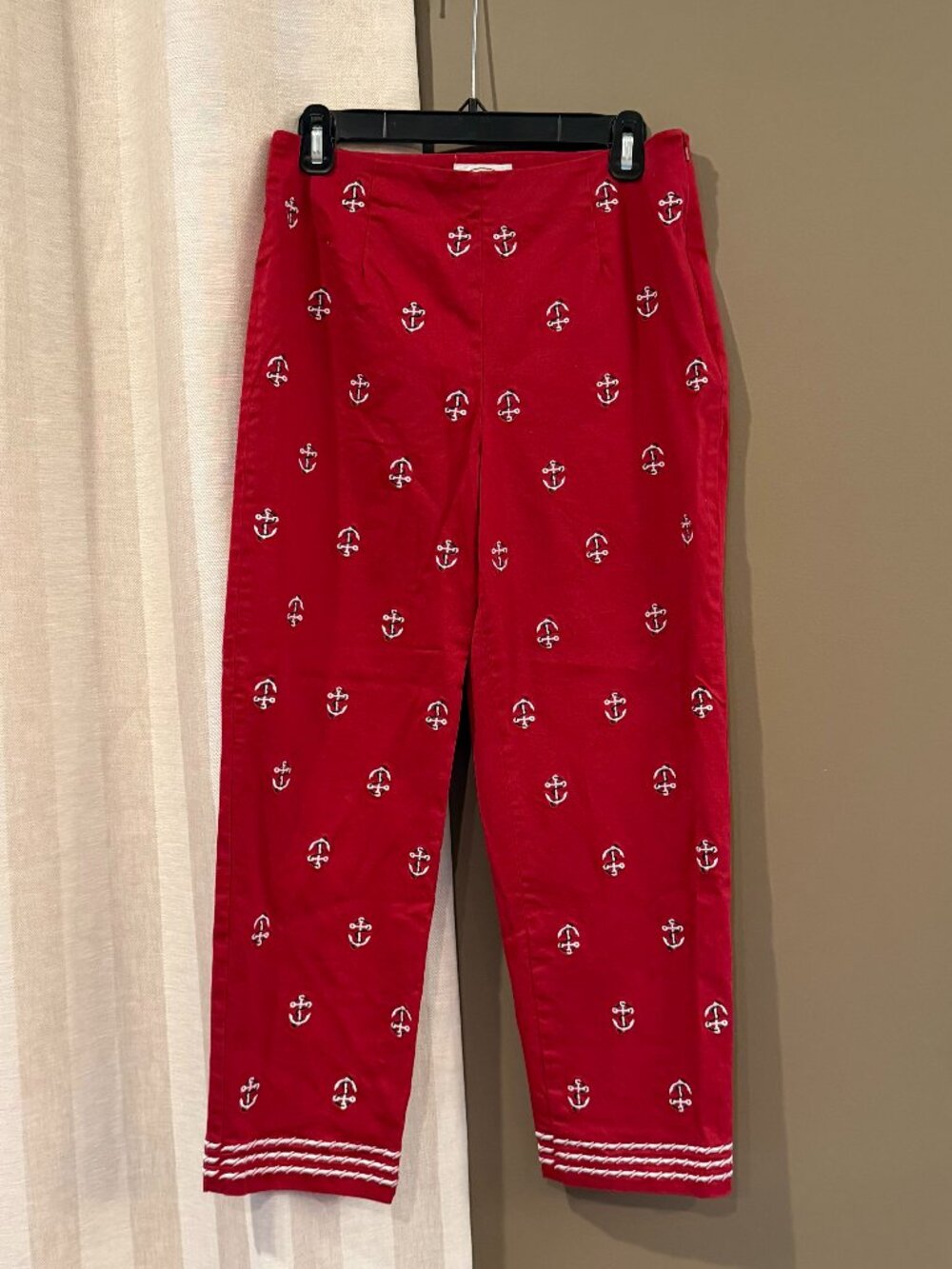 Talbots Nautical Red Cropped Pants Anchors Embroidered Nantucket, Size 10